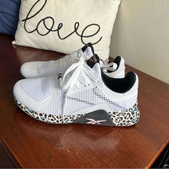 Reebok Shoes - Reebok White Sneakers with Leopard Print Sole